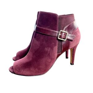 Marc Fisher Shimmee Bootie Women 8W Wine Suede Peep Toe Buckle Stiletto $109